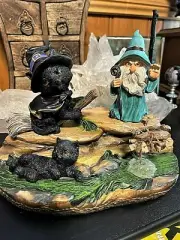 The Power of 3 Diorama -Cat on Besom, Wizard, Crystal Tree & Kitty Charmed Magic