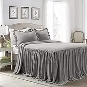 Lush Decor Ruffle Skirt Bedspread 3 Piece Set, King, Dark Gray - Gray King Bedding - Ruffled Bedspread - Vintage Farmhouse Decor
