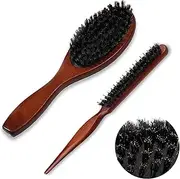 LxcshLjx 2 Pcs Bristle Brush, Boar Bristle Hair Brush, Boar Bristle Round Brush, Teasing Brush for Fine Hair, Slick Back Bristle Hair Brush with Wooden Handle, Teasing Comb for Women Thin Thick Hair