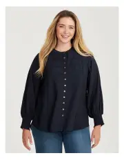 [Taking Shape] Andrea Shirred Cuff Button Top in Navy