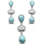 Pear Shape Natural Larimar & Oval CZ .925 Sterling Silver Pendant & Earring Set