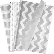60 Sheets Tissue Paper for Gift Bags, White with Silver Strips, Waves, Dots Art Tissue Paper Bulk for Decoration DIY Crafts Birthday Wedding Packaging, 14 X 20 Inches