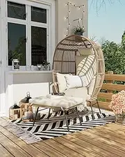Wicker Egg Chair with Ottoman, Patio Lounge Egg Chair with Footrest, Comfy Hand-Made Rattan Chair with Thick Cusion & Metal Frame for Indoor, Outdoor, Patio and Porch, Beige