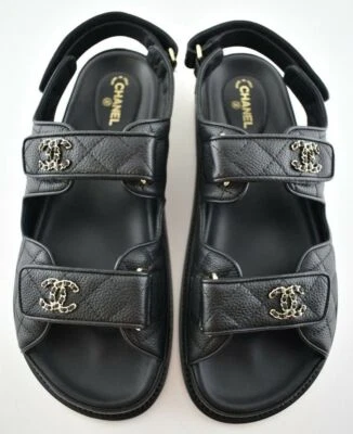 Chanel REV Black Caviar Gold CC Logo Mule Slide Strap Flat Teva Dad Sandal 36