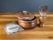 Wooden Shaving Badger Brush & Soap Bowl mug with Lid Cover & Shaving Soap Set