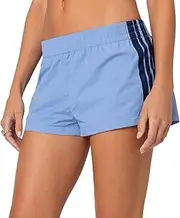 [Winioder] Striped Track Shorts for Women Elastic Waist Wide Leg Sweat Shorts Teens Vintage Preppy Cute Athletic Workout Shorts