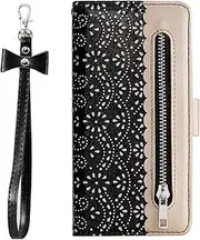 DMaos for iPhone 13 Mini Wallet Case for Women, Lace Synthetic Leather Cover with Cute Bow Wrist Strap, Girly for iPhone13 Mini 2021 5.4 Inch - Black