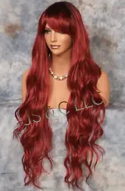 Human Hair Blend 40" Long Full Wig Heat OK Wavy bangs JSSH Black roots Red Wine