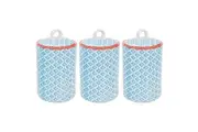 Nicola Spring Tea Coffee and Sugar Canister Storage Jars - Porcelain Blue / Orange Print Design - Set of 3