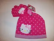 Hello Kitty Hat Glove Set Girls Cold Weather Pink Dots OSFM New