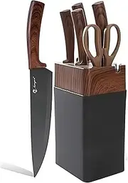 Knife Set, 7 PCS Stainless Steel Kitchen Knife Block Set with Built in Knife Sharpener, Black Non Stick Coated Knife, No Rust and Sharp Knife for Chopping, Slicing and Dicing, Best Gift, Black2