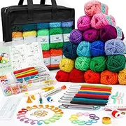 103 PCS Crochet Kit with Crochet Hooks Yarn Set, Premium Bundle Includes 1650 Yards Acrylic Yarn Skeins Balls, Needles, Accessories, Bag, Ideal Starter Pack for Kids Adults Beginner Professionals