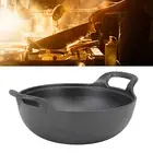 Cast Iron Wok Stir Fry Pan With Wood Wok Lid And 2 Handles Flat Base Chinese