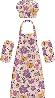 AIXIWAWA Kids Apron Chef Hat Set, Child Kitchen Bib Aprons Adjustable for Cooking Baking Painting (Cute Floral Butterfly)