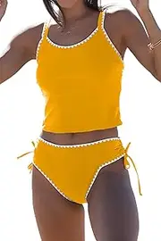 [Beachsissi] Women's Cute Two Piece Swimsuit White Trim Lace Up Tankini Set