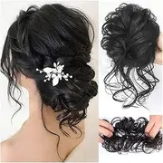 Messy bun Hair Piece Bun Ponytail Chignon Brazilian Human Hair Curly Wavy Messy Bun Extensions Hair Pieces for Women Messy Bun Hair Piece Hair Hair Buns Hair Piece (Color : Natural Black)