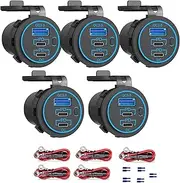 [5 Pack] 12V USB C Outlet, Two USB-C PD 20W and 18W QC3.0 Socket Waterproof Outlet With Power Switch for Car Golf Cart Boat Marine Bus Truck RV Motorcycle