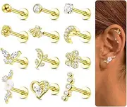 [Sanfenly] 12Pcs 16G Tragus Earrings for Women Cartilage Earring Flat Back Stainless Steel Top Screw CZ Butterfly Bee Flower Moon Heart Flatback Stud Earrings Labret Conch Helix Cartilage Tragus Piercing Jewelry Set