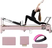 Foldable Reformer Pilates Machine,Adjustable Portable Aluminium Frame with an Additional 6 Stainless Steel Springs and Square Boxes with Yoga Wheel