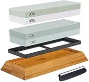 Sharpening Stone Set, Whetstone 2-in-1 400/1000 3000/8000 Grit, Waterstone Wooden Holder and Knife Guide Included