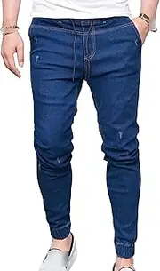 [Generic] Men's Elastic Drawstring Joggers Tapered Leg Jeans Drop Crotch Regular Jean Slim Comfort Casual Athletic Pant, Blue 2, Medium