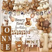 Beary First Birthday Decorations,147pcs Bear Birthday Decorations Brown Bear Birth Day Banner Backdrop High Chair Banner Tablecloth Cake Topper Box Balloon Garland for My 1st birthday Decorations