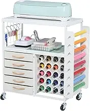 LUCKUP Organization and Storage Craft Table for Cricut Machines, Rolling Cart Cabinet with 28 Vinyl Roll Holders and 5 Drawers, Heat Press Stand Crafting Storage Cart with Hooks