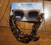 MAX STUDIO SUNGLASSES & CHAIN 100% UVA/UVB Protection Brown Square Oversized Fra