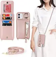 Cavor Vertical Flip Cover for iPhone 12 Leather Case iPhone 12 Pro Case 6.1'' Crossbody Wallet Card Slots with 360°Rotation Ring Holder Kickstand & Long Shoulder Lanyard Strap-Rose