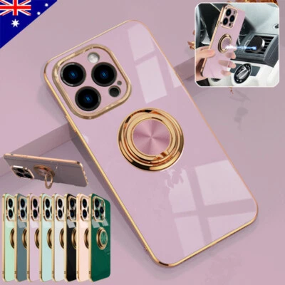 For iPhone 16 15 14 13 12 Pro Max Shockproof Case Ring Stand Plating Soft Cover