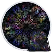 Space Feathers Mandala Round Beach Towel