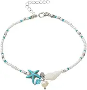 [Feelontop] Ocean Style Boho Chic Conch Shell Starfish Charm Seed Beads Turquoise Anklet Ethic Sandal Sea Beach Jewellery
