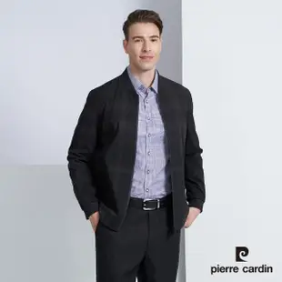 【pierre cardin 皮爾卡登】商務休閒 男款 都會休閒棒球領印花格紋薄夾克外套-暗紅色(5225664-79)