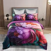 Floral Quilt/Doona/Duvet Cover Set (Queen/King/Super King Size Bed) (Purple, Queen)