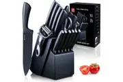 Kitchen Knife Set with Block for Chef, Black Steak Knives & Sharpener