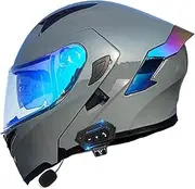 Flip-Up Helmet with Bluetooth, Integrated Motorcycle Helmet, ECE Certified Full-Face Helmet with Double Visor, with Built-in Microphone for Automatic Response, for Adults Women Men