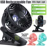 3 Speeds Rechargeable Mini Cooling Fan Clip On Desk Baby Stroller Portable w/LED