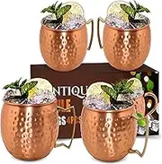 ANTIQUANA Moscow Mule Mugs - Set of 4-100% Pure Copper Mugs Large 16 oz - Premium Moscow Mule Cups Set of 4 - Solid Copper Cups Perfect Premium Gift with Brass Handle