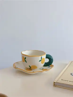 北歐風格小清新手捏陶瓷咖啡杯碟可愛橘子圖案1個裝 (8.3折)