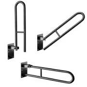 Black Folding Hinged Bathroom Safety Steel Rail Grab Bar Support Drop Down