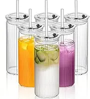 KEMORELA 6-Pack 16oz Ribbed Glass Cups with Lids & Straws – Round Textured Drinking Glasses for Iced Coffee, Bubble Tea, Juice & Smoothies – Reusable Clear Tumblers with Leakproof Lids & Straws