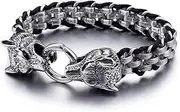 [Generic] Double Wolf Head Diamond Stainless Steel Braided Bracelet, Creative Hip Hop Stainless Steel Bracelet for Men,Silver,23cm