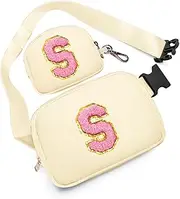 [sawgos] Birthday Gifts for 4 5 6 7 8 9 10 11 12 13 Year Old Girls, Crossbody Bags Fanny Pack with Initial Letter Patch Cute Stuff for Women Girls Teens, Cream, Medium, S