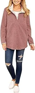 [BESBOMIG] Shearling Sweatshirts Jacket Women Sherpa Pullover High Neck Coat - Teddy Bear Shaggy Jackets 1/4 Button Lapel Oversize Soft Winter Tops Pink