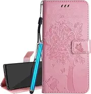 Laybomo Flip Cover for Samsung Galaxy J4 Case PU Leather Wallet Protective Pouch Standview & Card Slot Magnetic Soft Bumper TPU Silicon Phone Case for Galaxy J4 / J400F, Gift Tree (Rosegold)