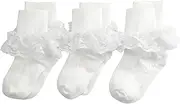 [Jefferies Socks] Big Girls' Bridal Lace Socks (Pack of 3)