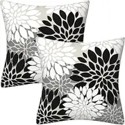 AHAHM Grey Black White Dahlia Floral Throw Pillows Farmhouse Decorative Throw Pillow Case Indoor Outdoor Cushion Cover Spring Summer Pillowcase for Couch Living Room Bedroom 18 x 18 Inch Set of 2