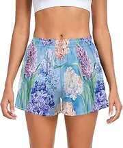 [FRODOTGV] Cute Flowers Blue Womens Athletic Shorts Elastic Waisted Exercise Shorts for Travel Volleyball Running Cycling S