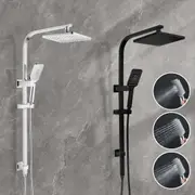 WELS 8" Square Shower Head 3-Mode Handheld Gooseneck Arm Rail Diverter in Chrome Black