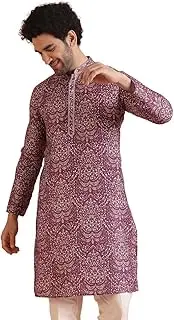 KISAH Men's Kurta, Burgundy Cotton, Floral Regular Fit Mandarin Collar Long Sleeves